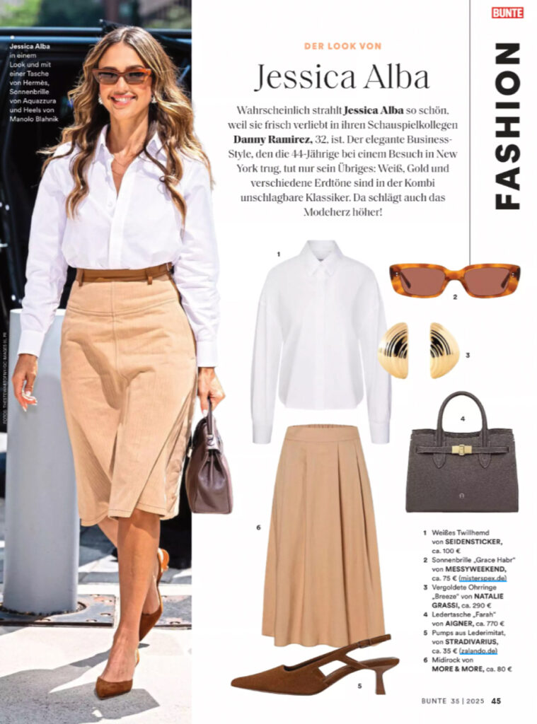 Magazinseite „Der Look von Jessica Alba“ mit Foto und Outfit-Auswahl: Bluse, Rock, Brille, Ohrringe, Tasche, Pumps.