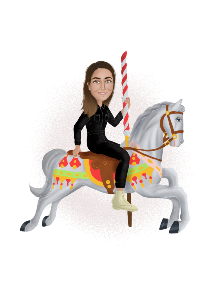 llustration: Henrike auf Karussellpferd, hält rot-weiß gestreifte Stange.