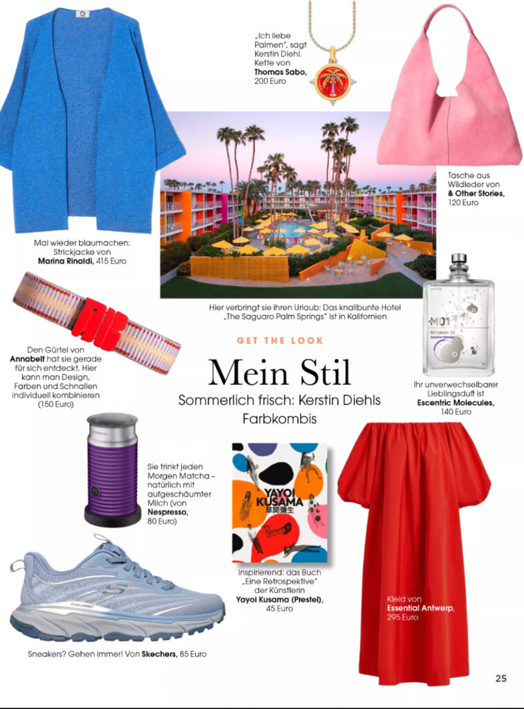 In der Collage steht „Mein Stil“ und „Sommerlich frisch: Kerstin Diehls Farbkombis“. Zu sehen sind Mode und Accessoires.