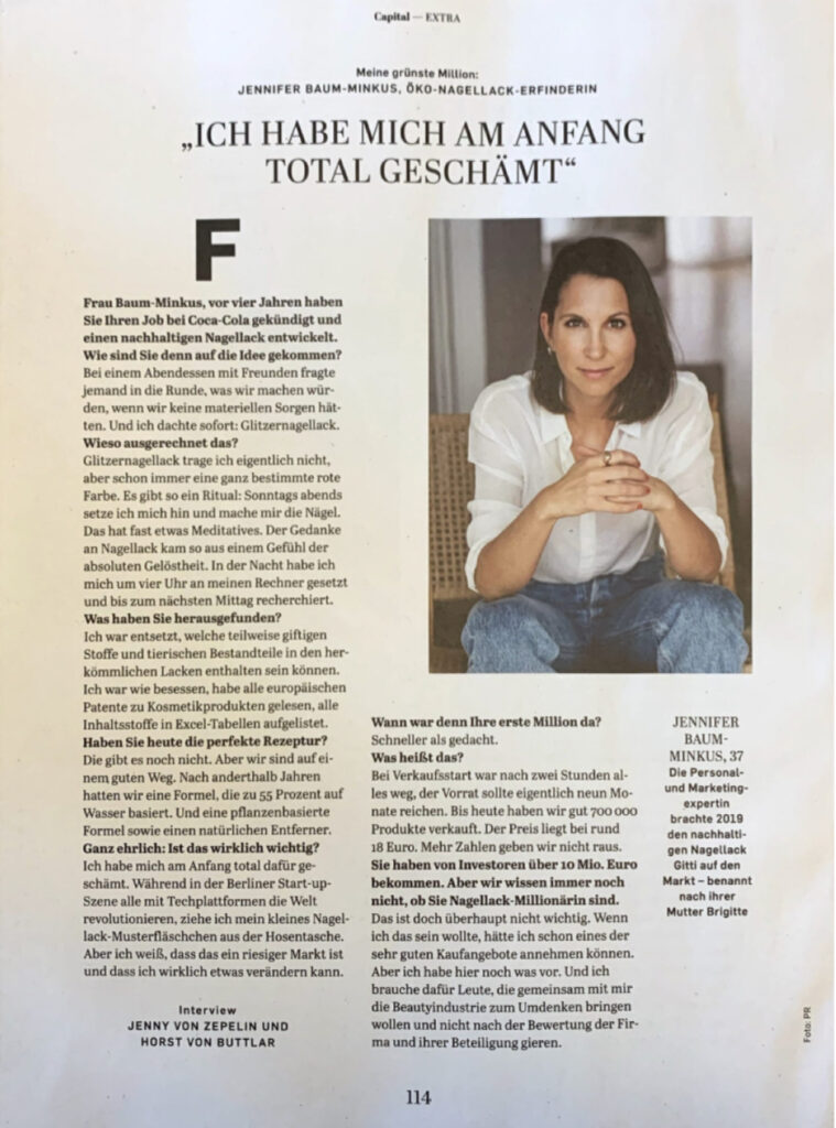 Auf einer Magazinseite steht „Ich habe mich am Anfang total geschämt“. Rechts ist ein Porträt von Jennifer Baum-Minkus.